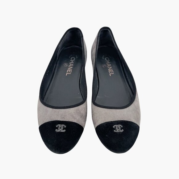 Chanel CC Gray Suede Black Cap Toe Ballet Flats Shoes Size 39 US 8-8.5 Logo - Picture 2 of 15
